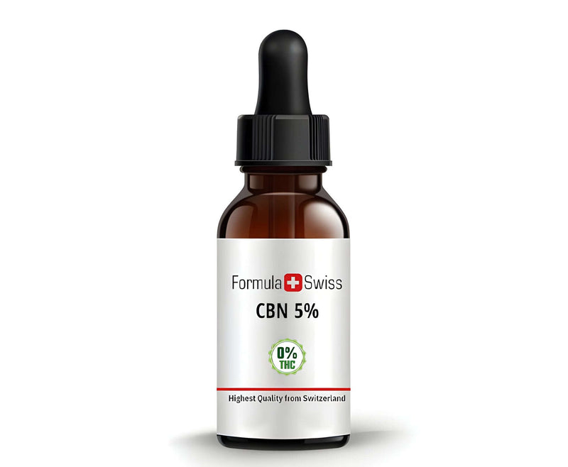 CBN olej Formula Swiss 5 % s 0 % THC v jantárovej fľaštičke s kvapkadlom