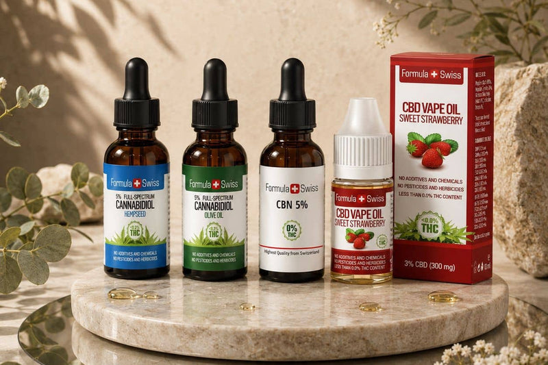 Formula Swiss 5 % CBD oleje v konopnom a olivovom oleji, CBN olej 5 % a jahodový CBD vape olej na mramorovom stojane