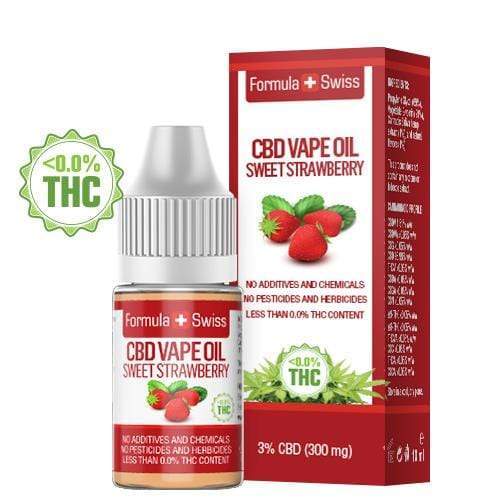 CBD olej na vapovanie Formula Swiss – sladká jahoda, 3 % CBD (300 mg), 10 ml fľaštička a krabička