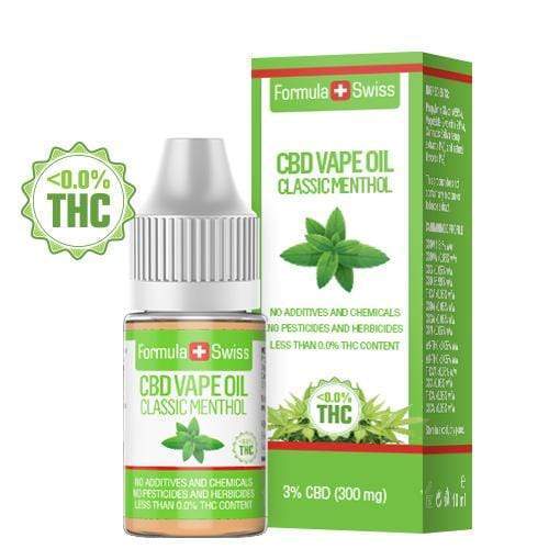CBD olej na vapovanie Formula Swiss – Classic Menthol, 3 % CBD (300 mg), 10 ml fľaštička a krabička