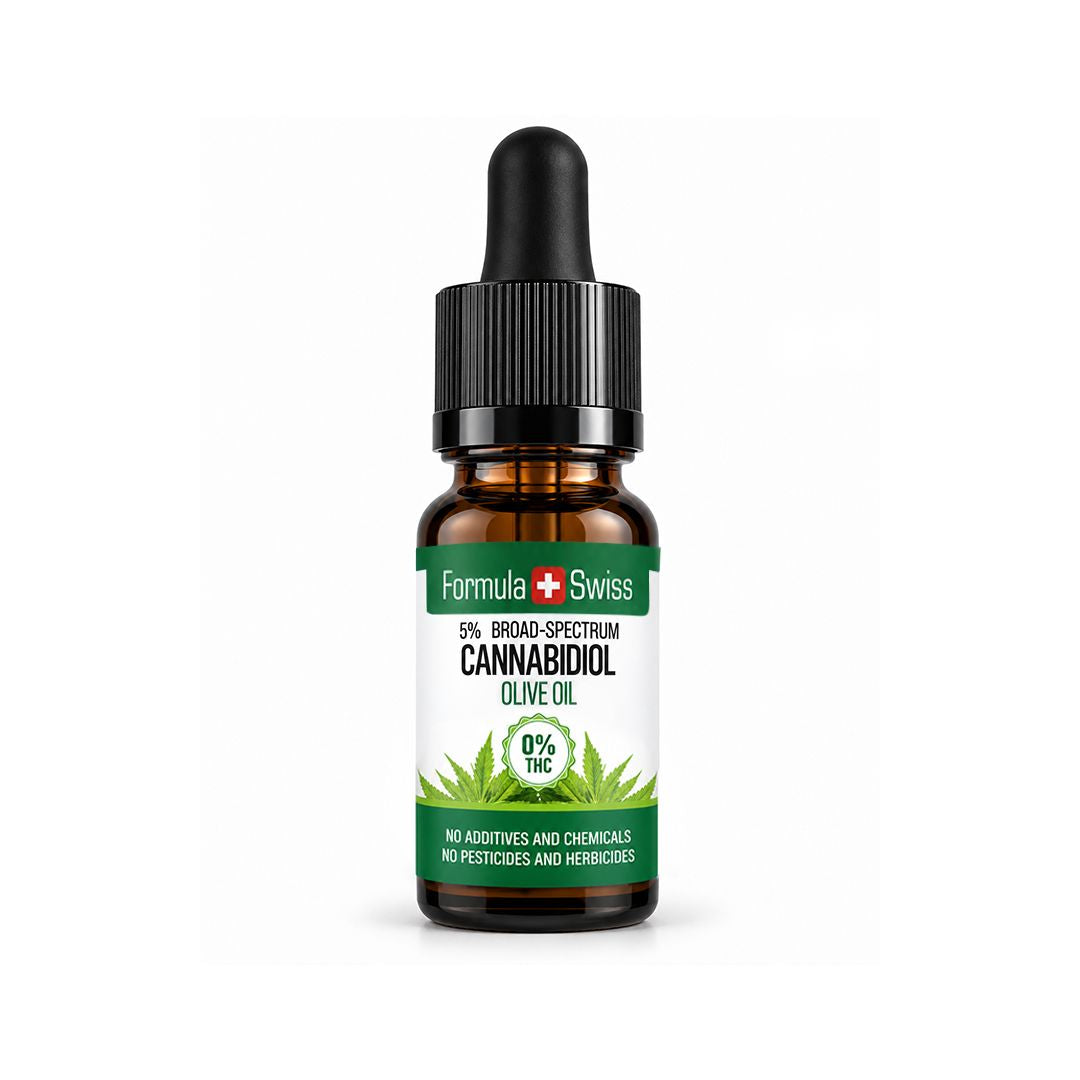 Jantárová fľaštička: CBD olej Formula Swiss v olivovom oleji, 0 % THC, biela etiketa, svetlosivé pozadie
