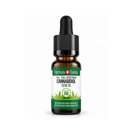 Jantárová fľaštička: CBD olej Formula Swiss v olivovom oleji, menej ako 0,2 % THC, biela etiketa, svetlosivé pozadie
