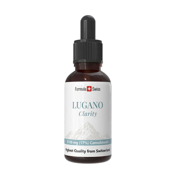 Bottle of Lugano Clarity with Formula Swiss branding on a white background