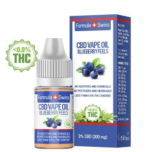 CBD olej na vapovanie Formula Swiss – Blueberry Feels, 3 % CBD (300 mg), 10 ml fľaštička a krabička