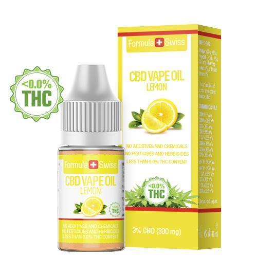 CBD olej na vapovanie Formula Swiss – citrón, 3 % CBD (300 mg), 10 ml fľaštička a krabička