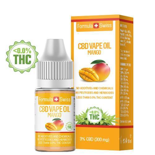 CBD olej na vapovanie Formula Swiss – mango, 3 % CBD (300 mg), 10 ml fľaštička a krabička