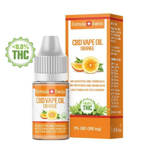 CBD olej na vapovanie Formula Swiss – pomaranč, 3 % CBD (300 mg), 10 ml fľaštička a krabička