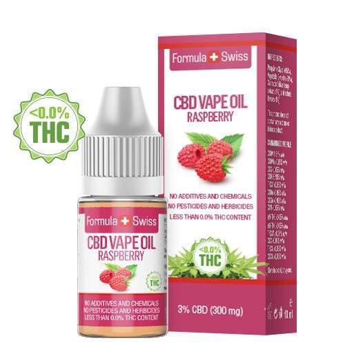 CBD olej na vapovanie Formula Swiss – malina, 3 % CBD (300 mg), 10 ml fľaštička a krabička